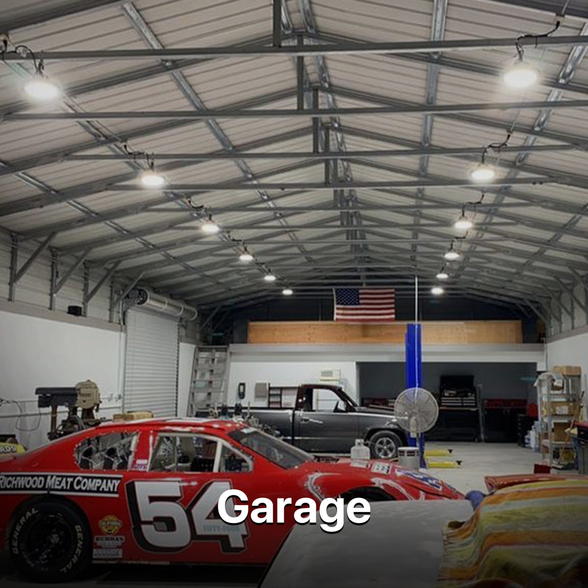 Garage with HYPERLITE UFO LED High Bay Lights