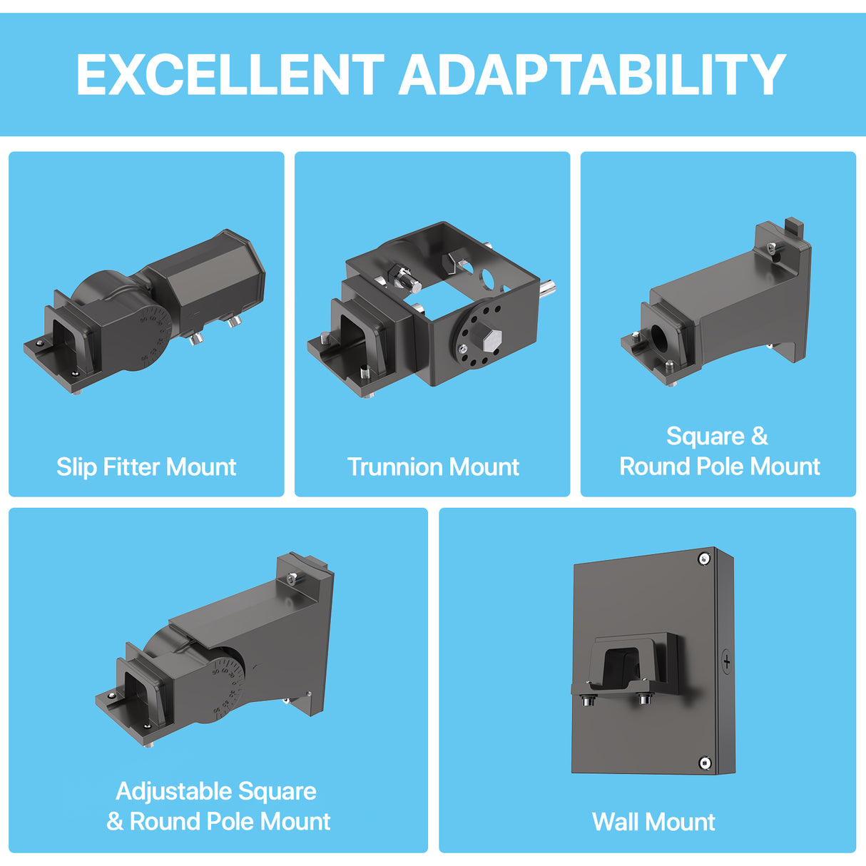 XALH Series Parking Lot Light mounting options: Slip Fitter, Trunnion, and more.