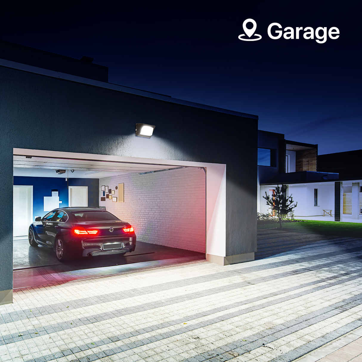 Garage illuminated by Moon series wall pack light