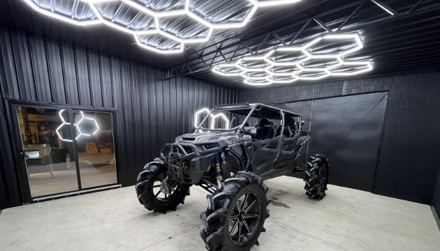 hexagon garage lights installed in a garage