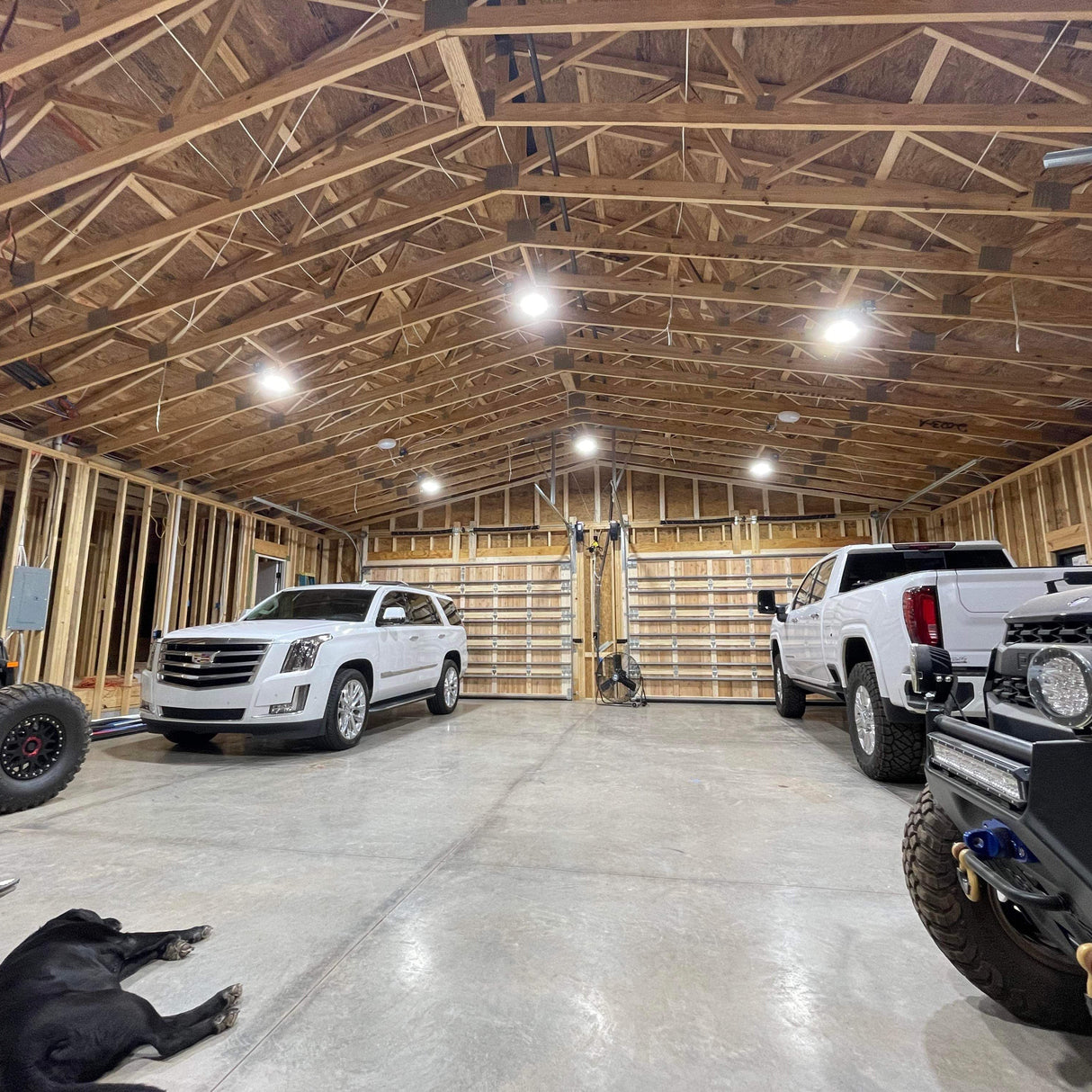 Garage lit by Hyperlite LED high bay lights