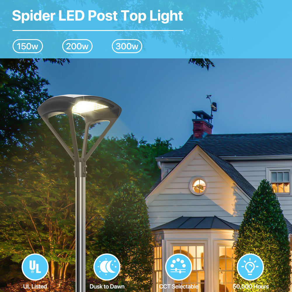 Spider LED Post Top Light illuminating a residential area, with features.