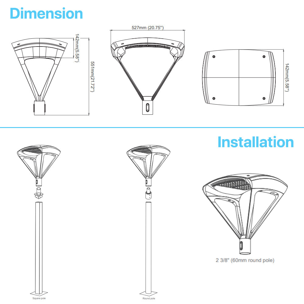 Spider LED Post Top Light dimensions and installation guide