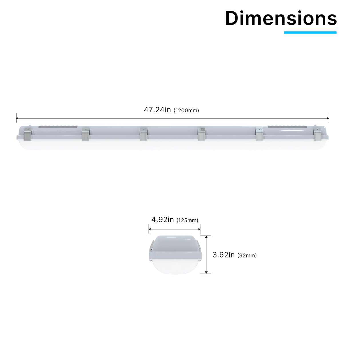VT04 50W 4ft LED vapor tight light technical dimension drawing showing overall length and housing measurements