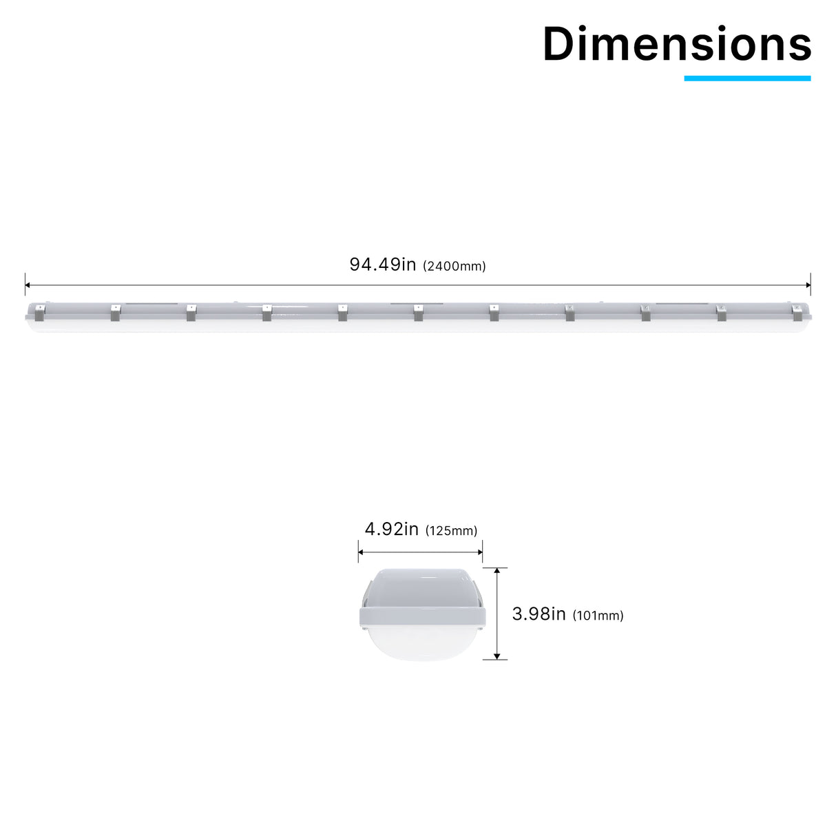 VT04 90W 8ft LED vapor tight light technical dimension drawing showing overall length and housing measurements