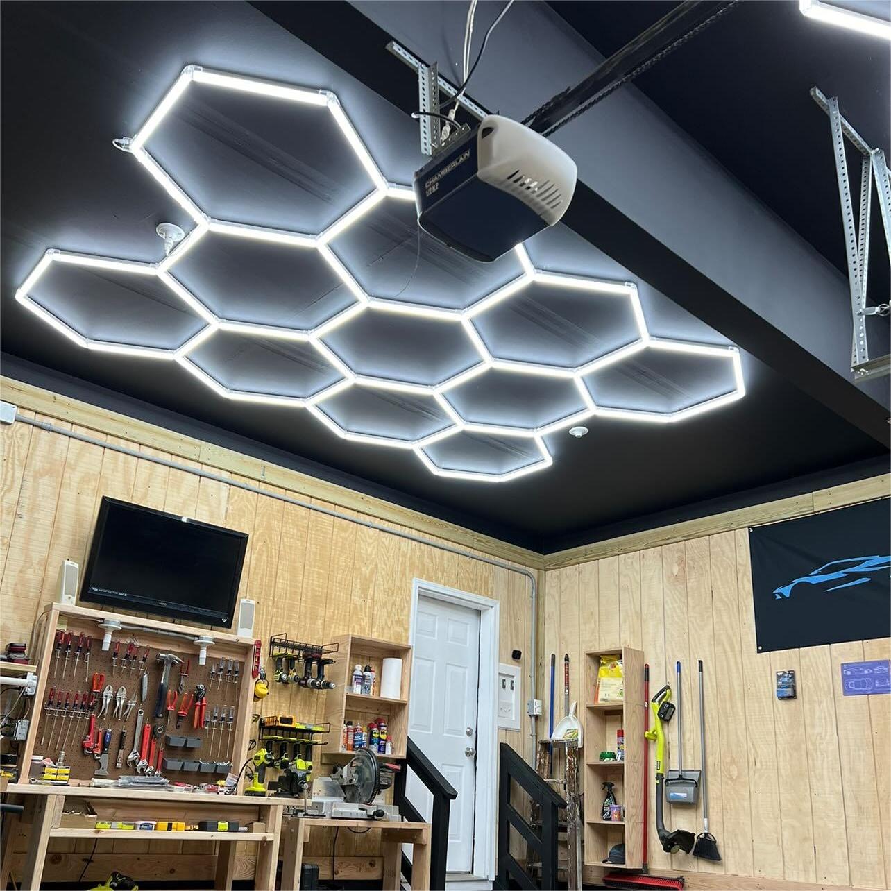 Hyperlite Hexagon Garage Lights installed in a garage