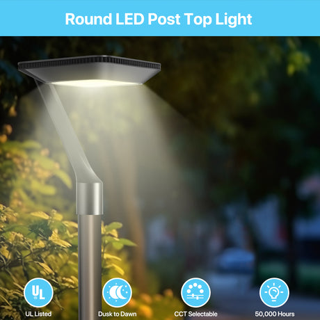 Round LED Post Top Light, Dusk to Dawn, CCT Selectable