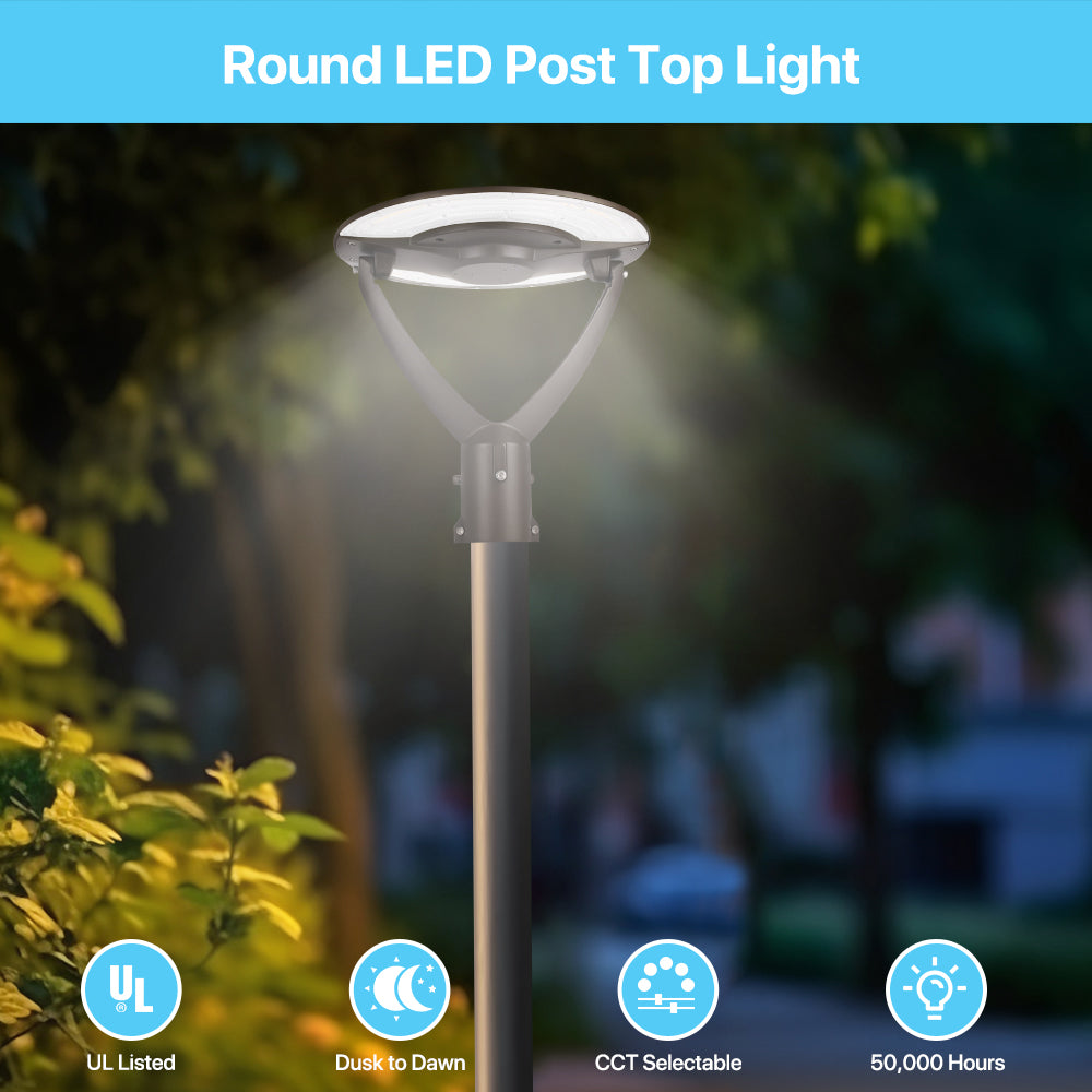 Round LED Post Top Light with Dusk to Dawn, CCT Selectable