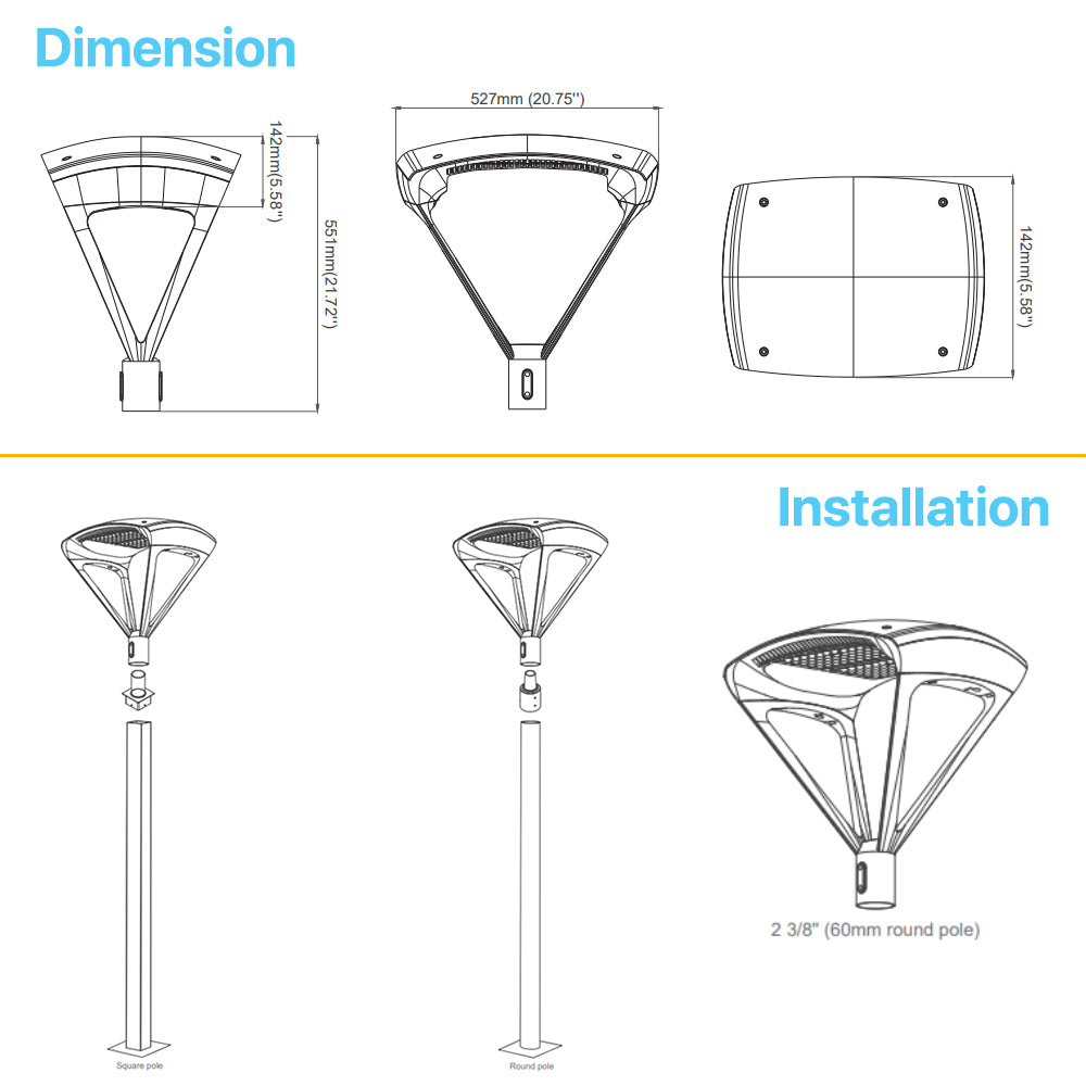TP421 Series Post Top Light - Dimension and Installation Diagram