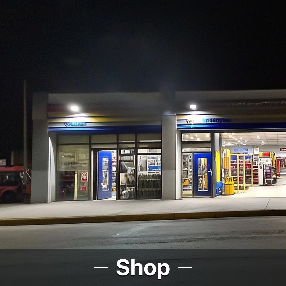Shop illuminated by LED lights at night, promoting Hyperlite LED flood light
