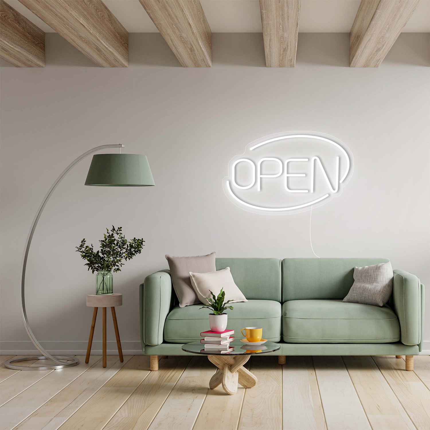 Modern living room with OPEN neon sign