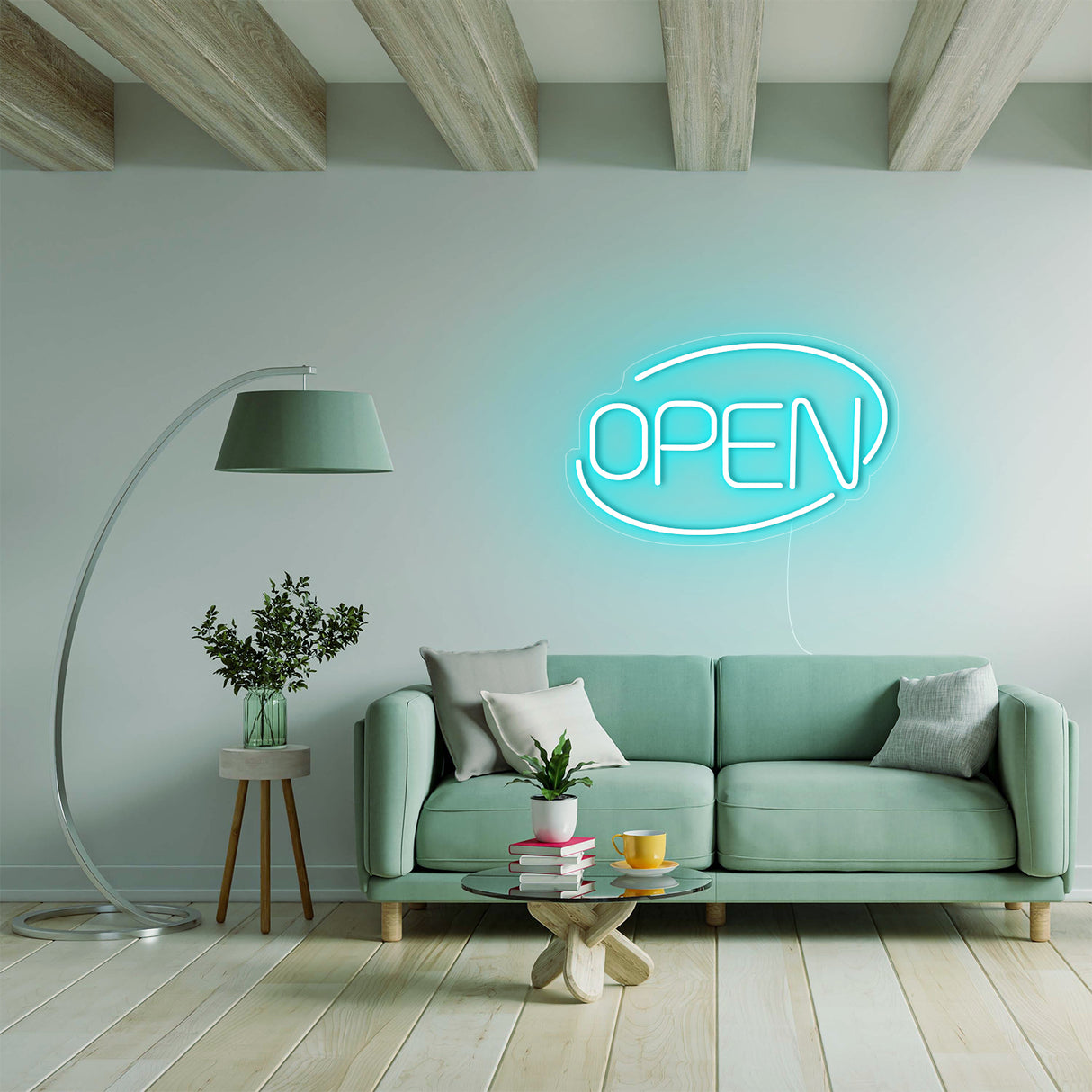 Teal OPEN LED neon sign in modern living room