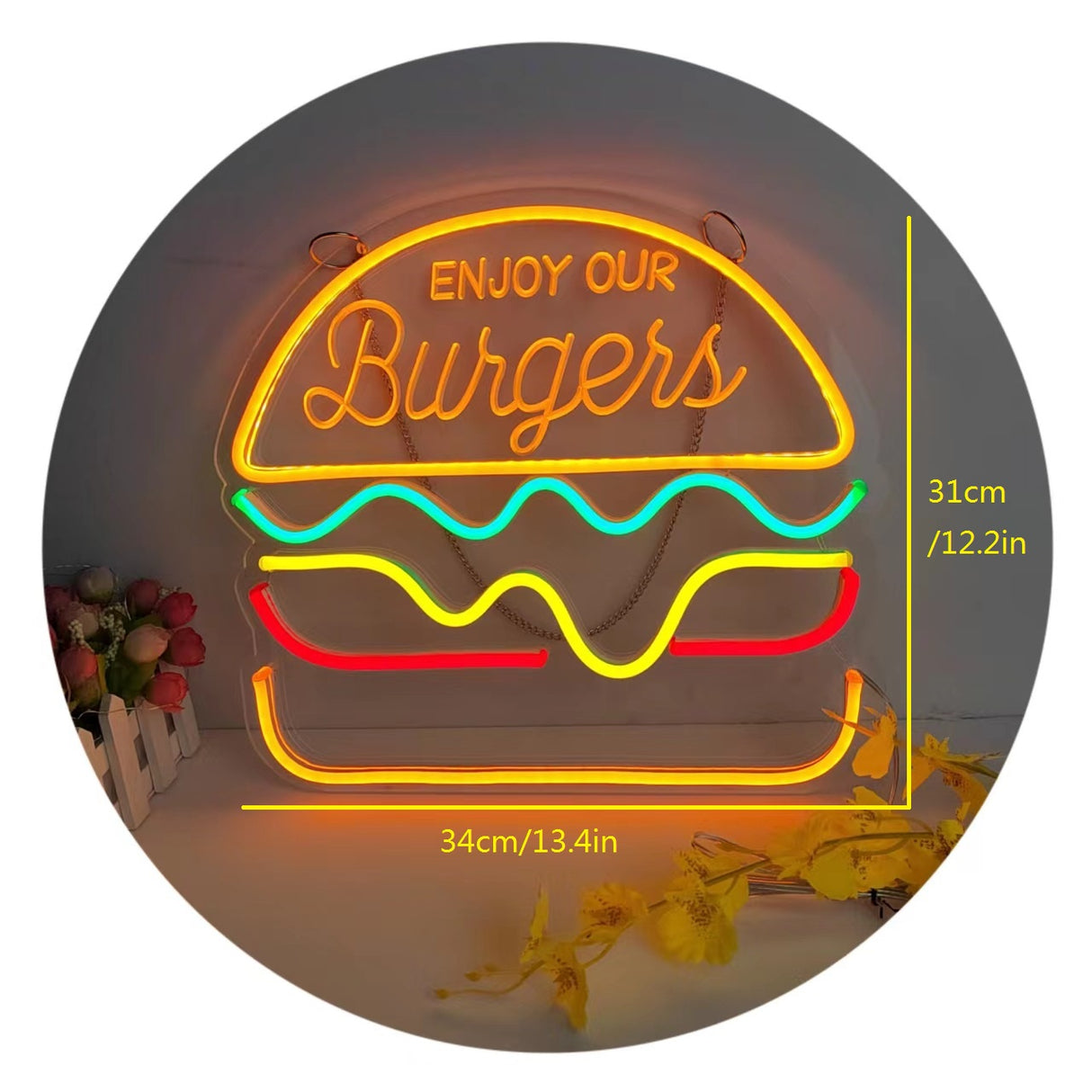 Neon Burger Sign with "Enjoy Our Burgers"