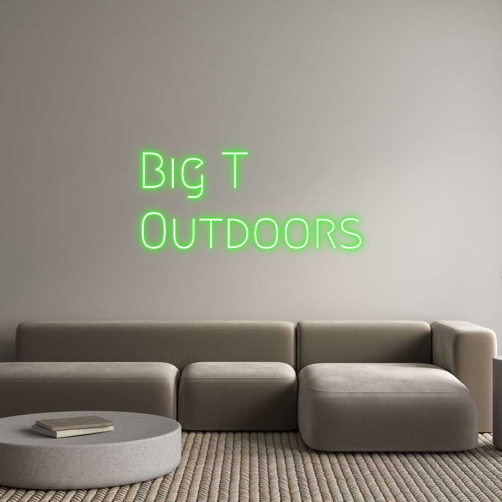 Big T Outdoors neon sign in emerald green