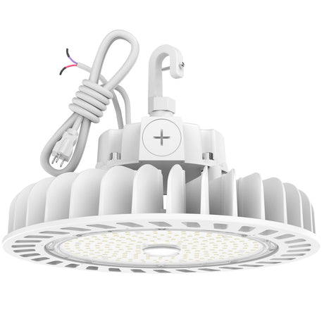 White LED high bay light with hook, power cord, and plug, easy installation