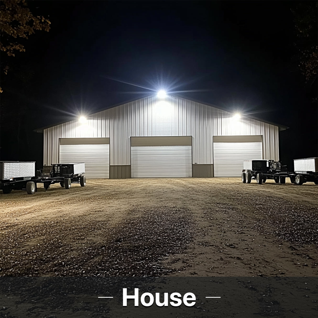 Hyperlite LED flood lights illuminating a house at night