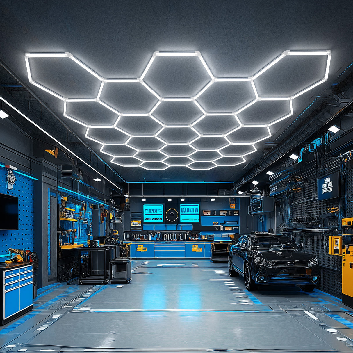 Hyperlite Hexagon lights illuminate a garage