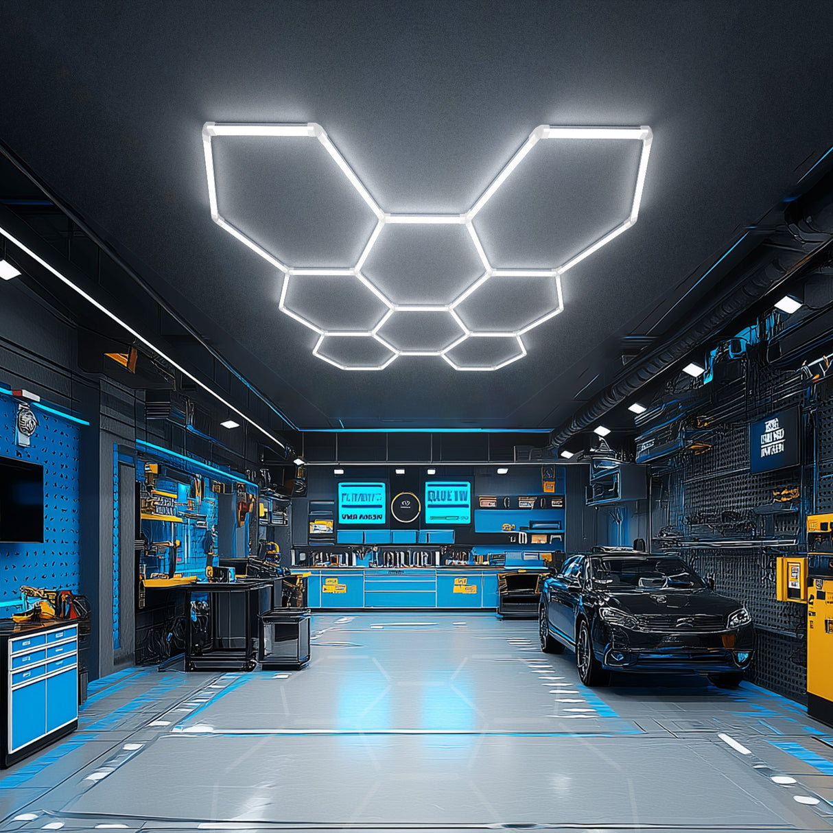 Modern garage with Hyperlite Hexagon LED lights