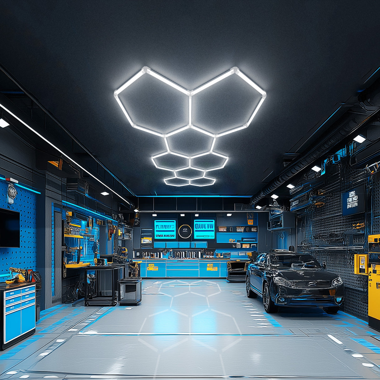 Hyperlite Hexagon Garage Lights illuminating a modern garage