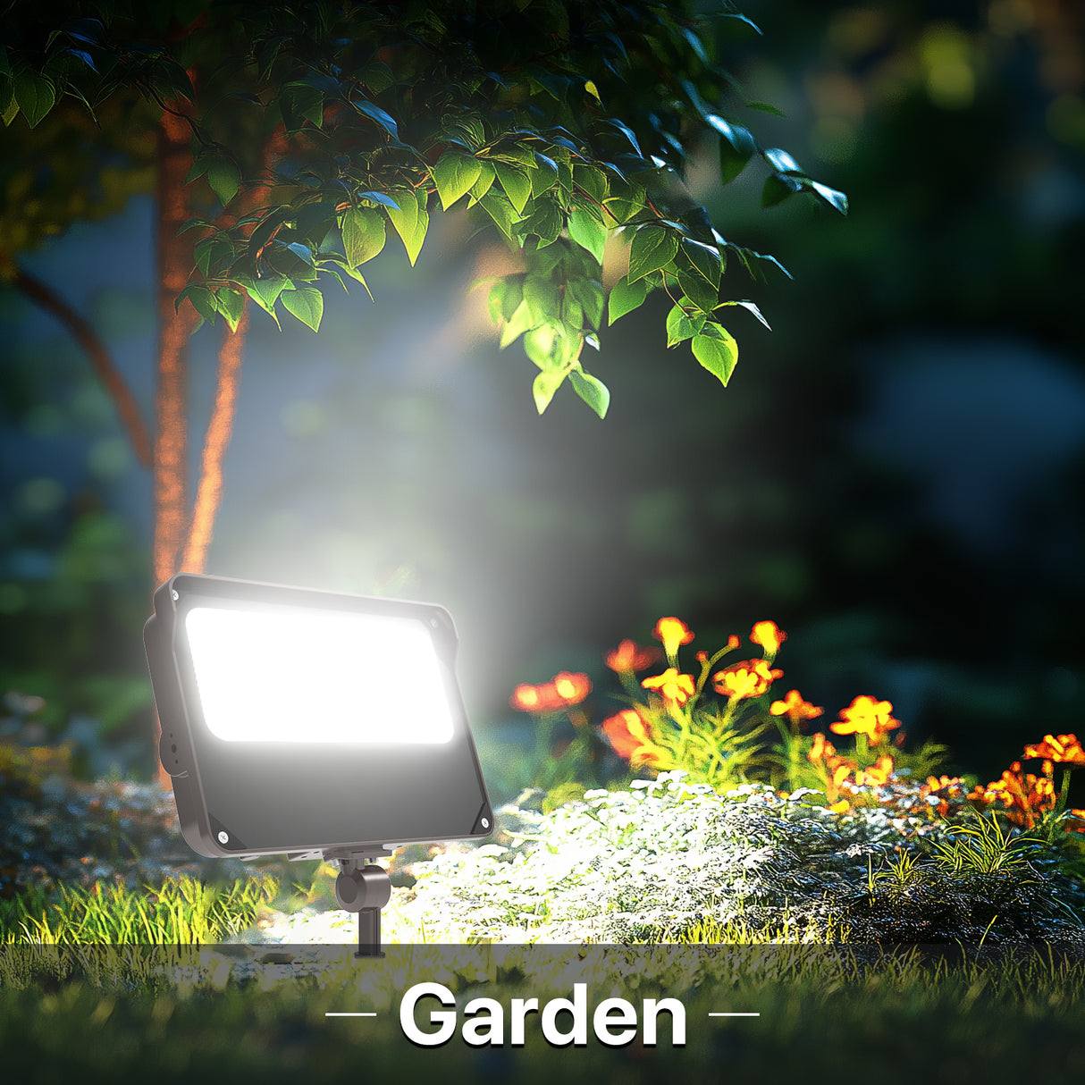 Hyperlite LED flood light illuminating a garden