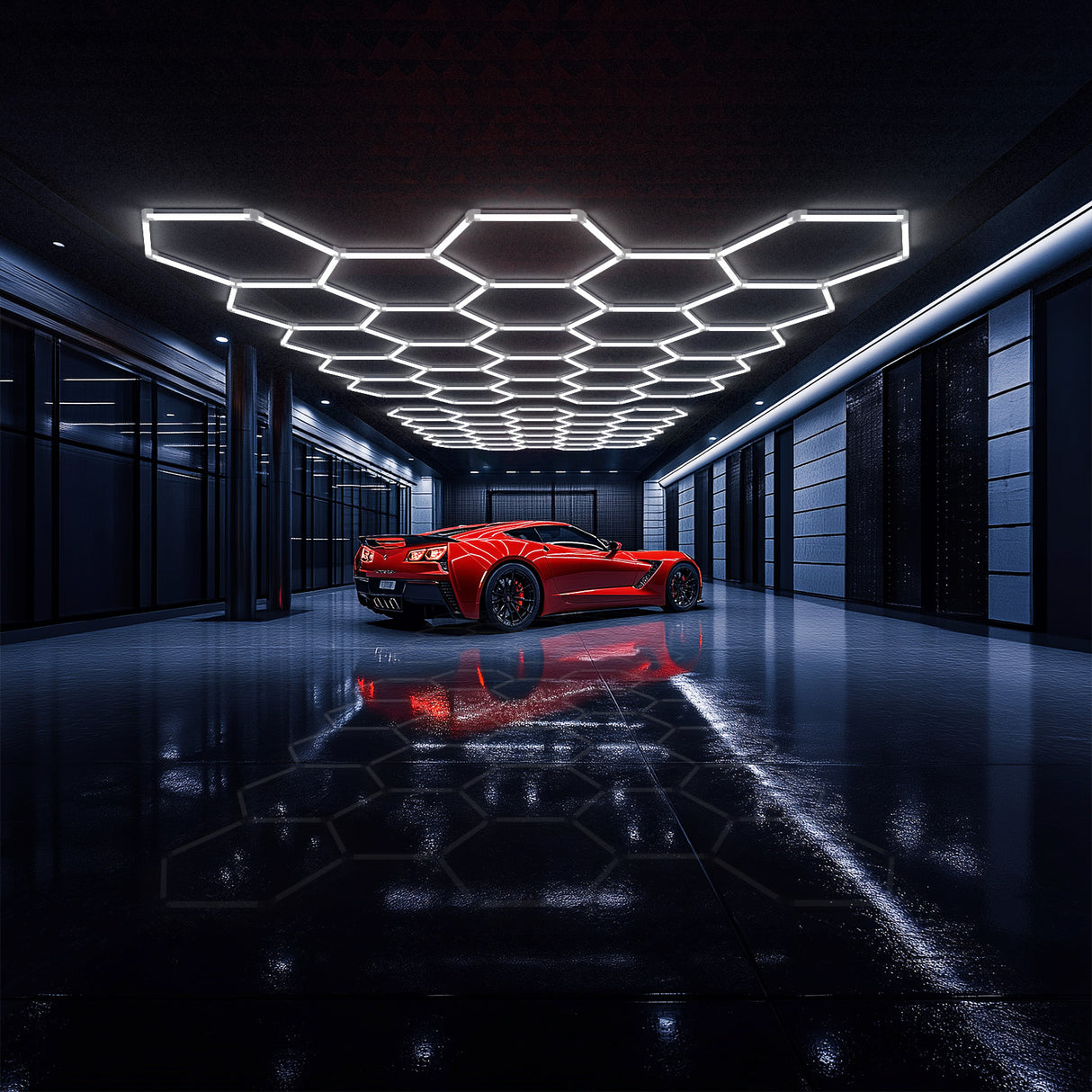 Red sports car under Hyperlite hexagon lights