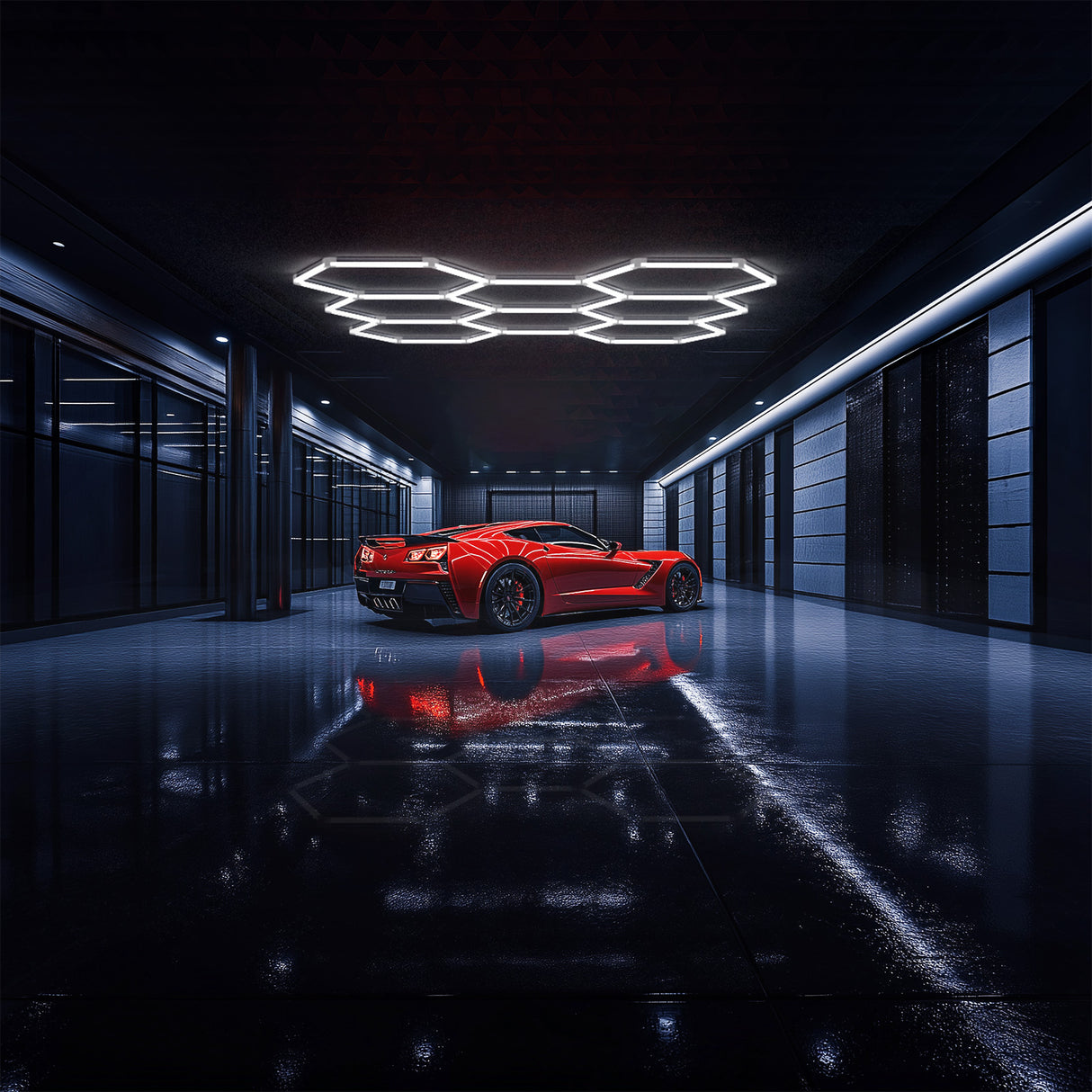 Red sports car under Hyperlite Hexagon Garage Lights Gen 2