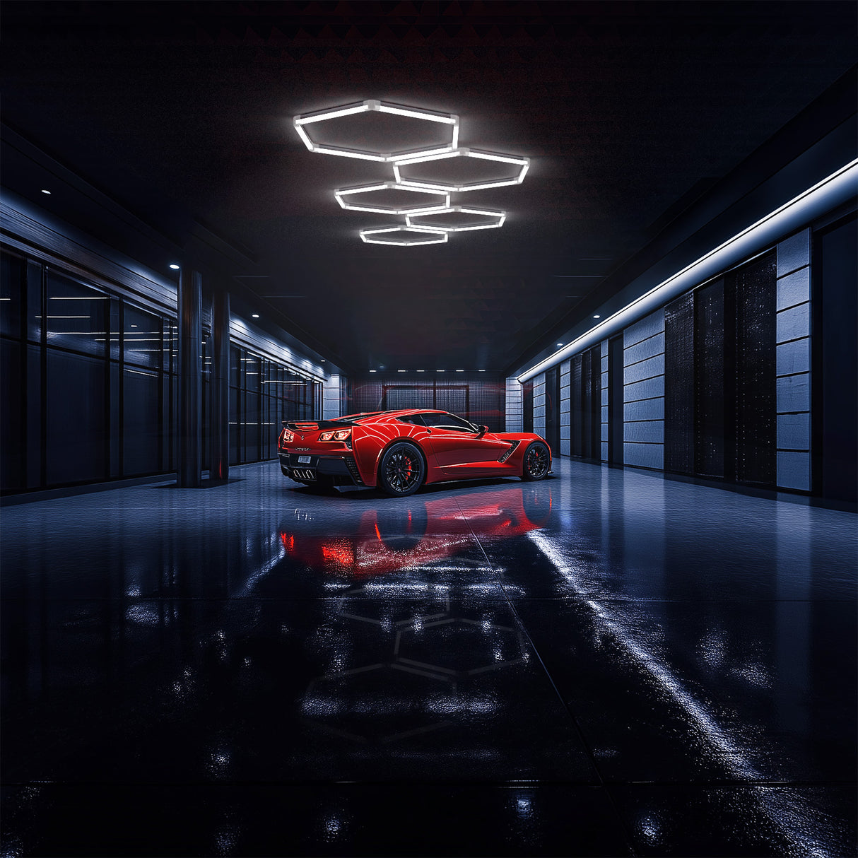 Modern garage with red sports car and Hyperlite hexagon lights
