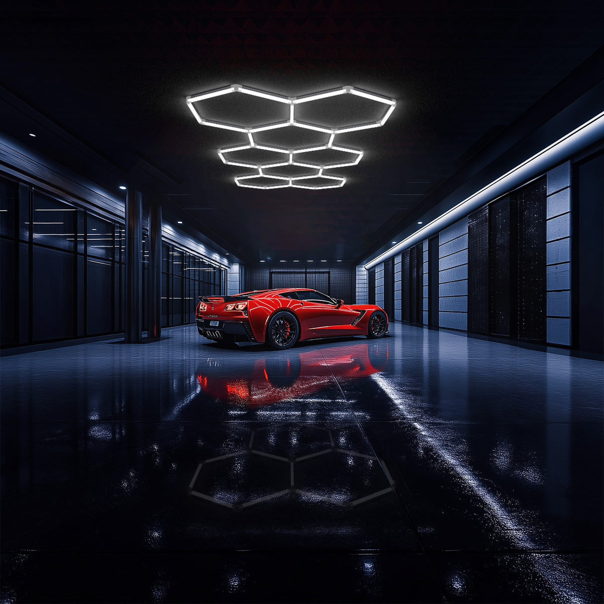 Hyperlite Hexagon Garage Lights illuminating red sports car