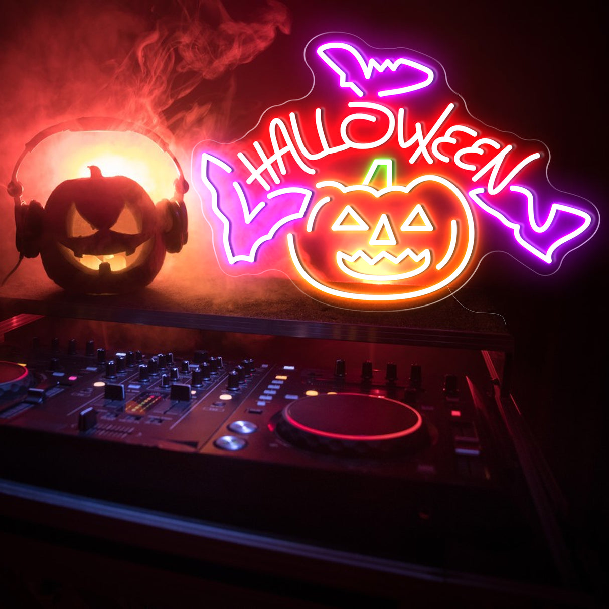 Halloween neon pumpkin sign with DJ mixer