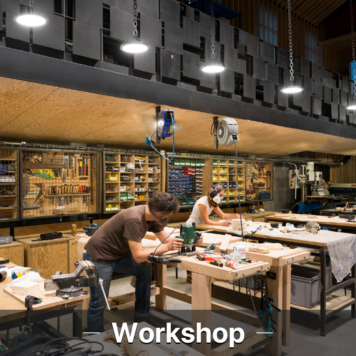 Workshop with Hyperlite high bay lights installed