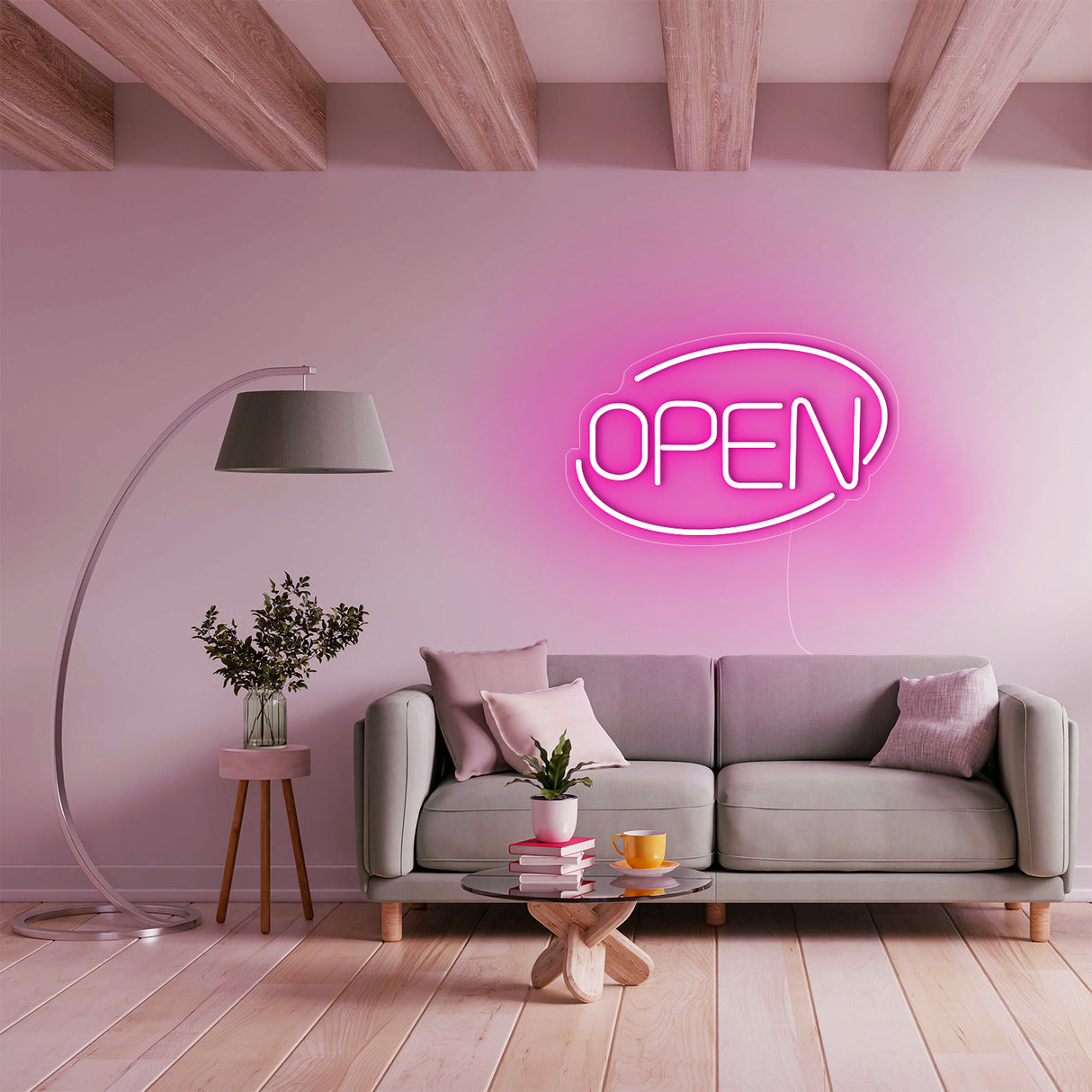 Pink OPEN LED neon sign in modern living room setting