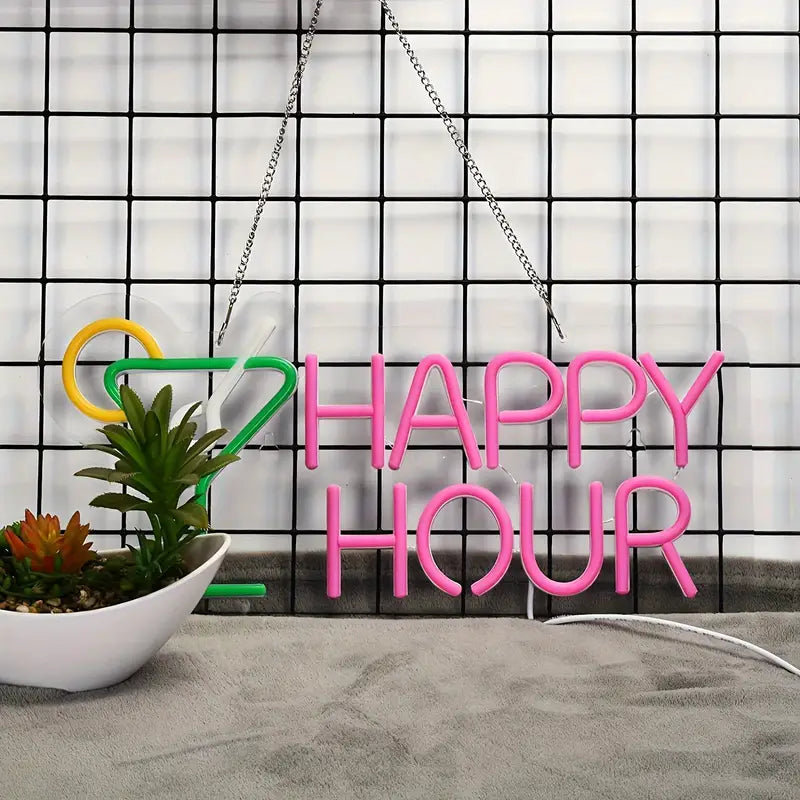 Happy Hour neon sign with cocktail decor