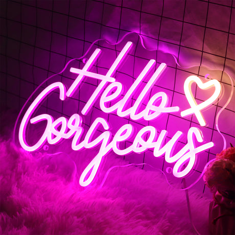 Hello Gorgeous neon sign, pink light, heart design.