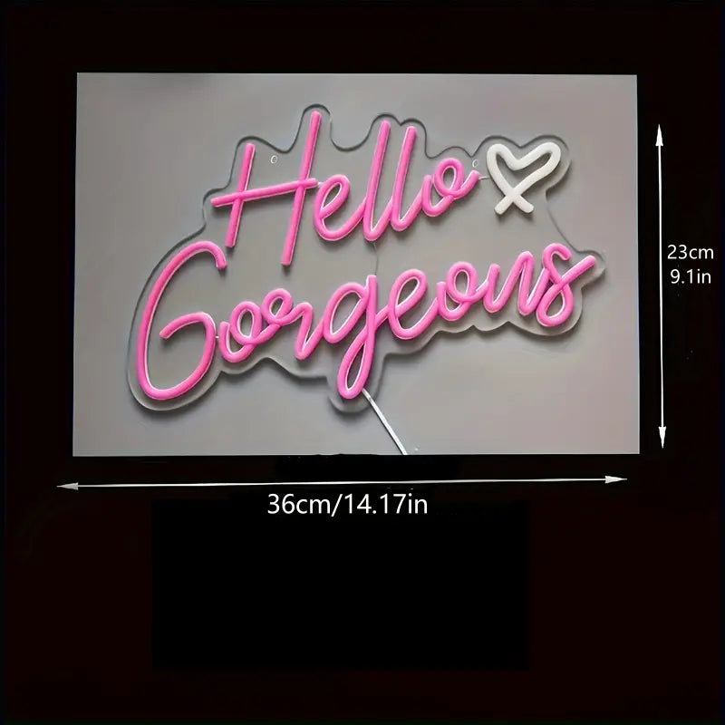 Hello Gorgeous Neon Sign Light, neon pink sign with heart