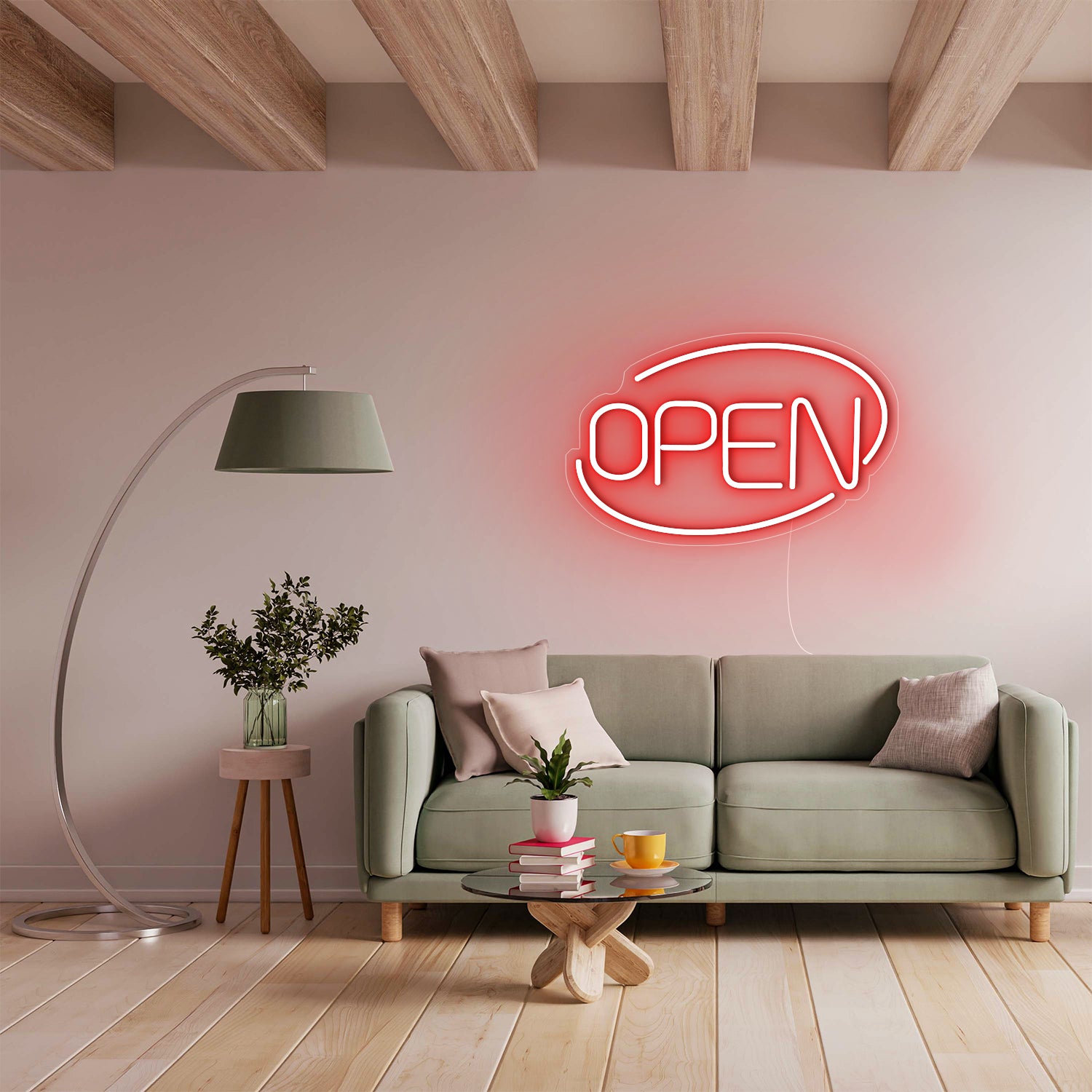 Red OPEN neon sign in modern living room