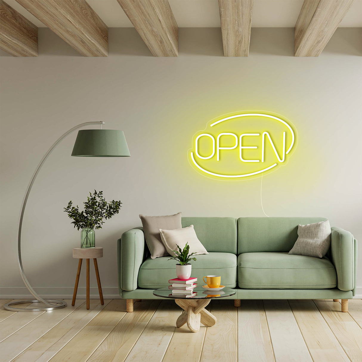 Modern living room with OPEN neon sign