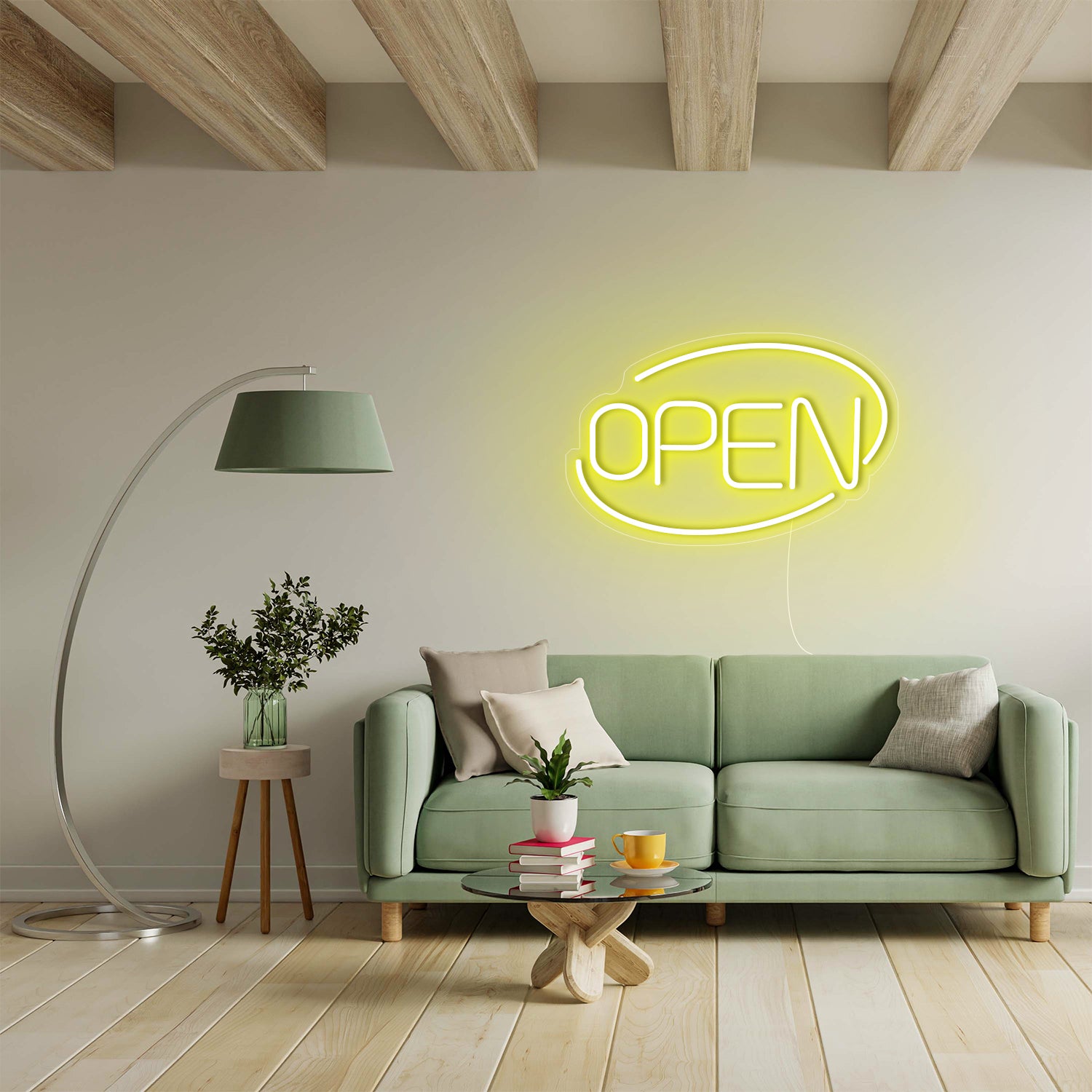 Modern living room with OPEN neon sign