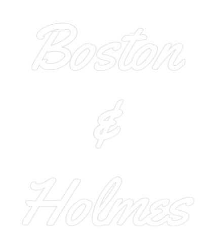 Custom neon sign with "Boston & Holmes" in Yellowtail font, suitable for indoor wall mounting, featuring a clear backboard.
