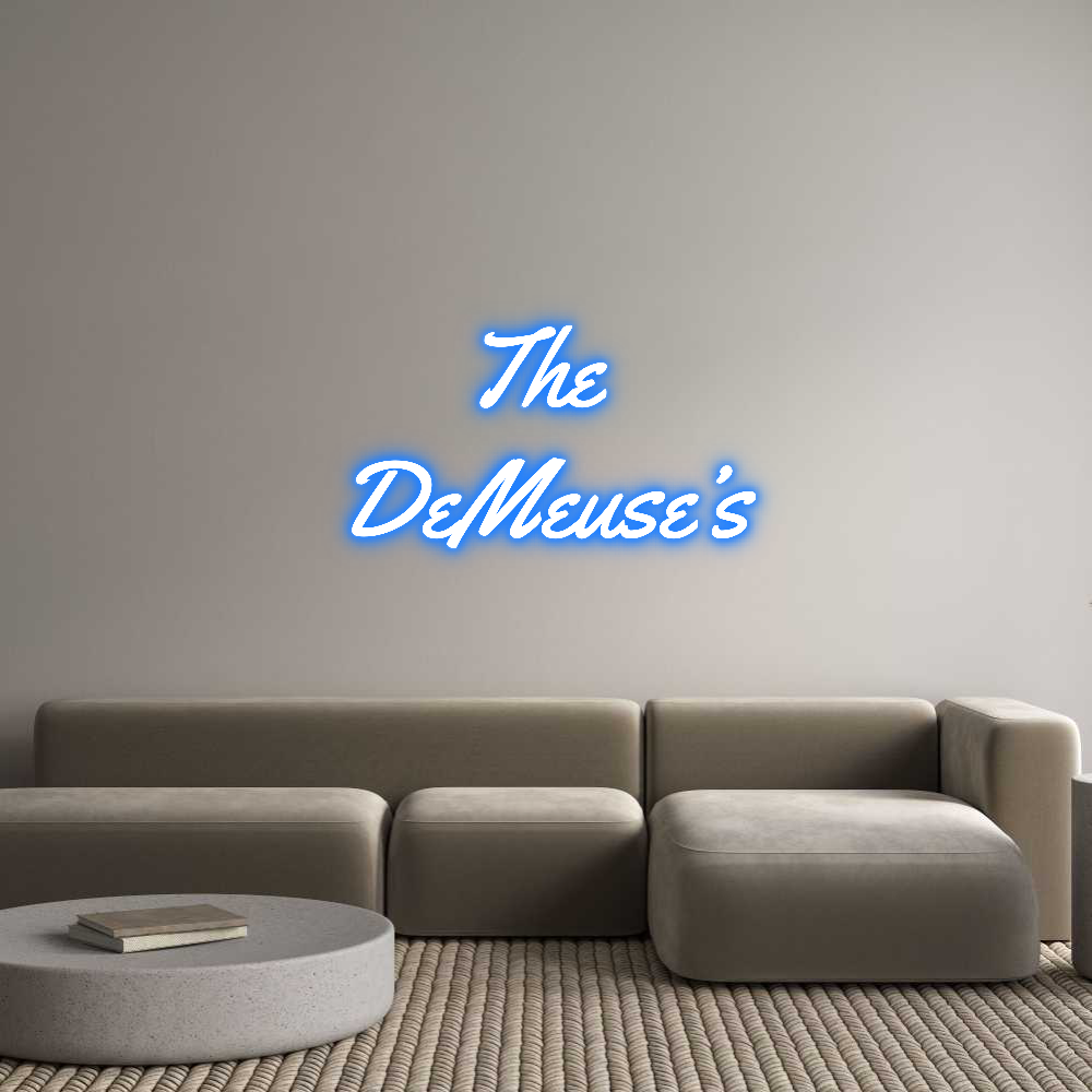 Custom neon sign, The DeMeuse's, in a living room setting.