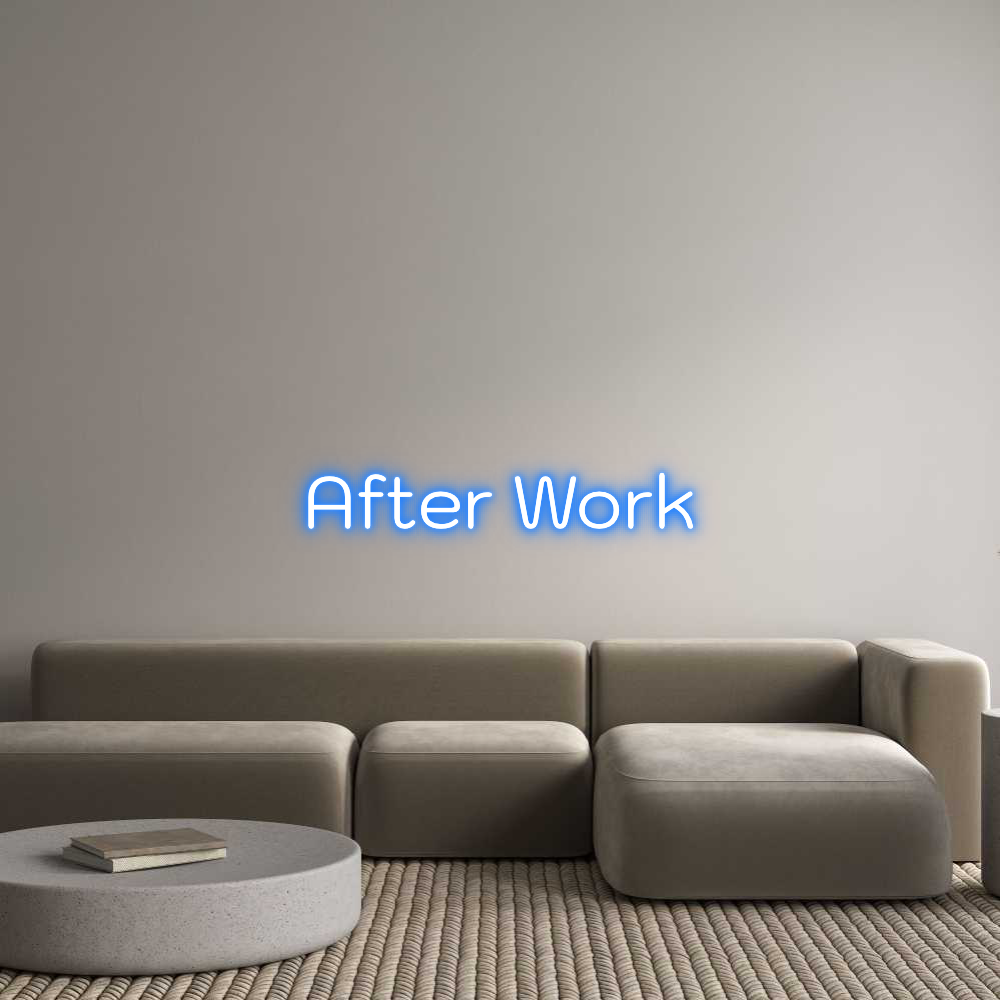 Blue neon "After Work" sign, mounted on a wall, Kodchasan font, super blue color, custom neon light product.