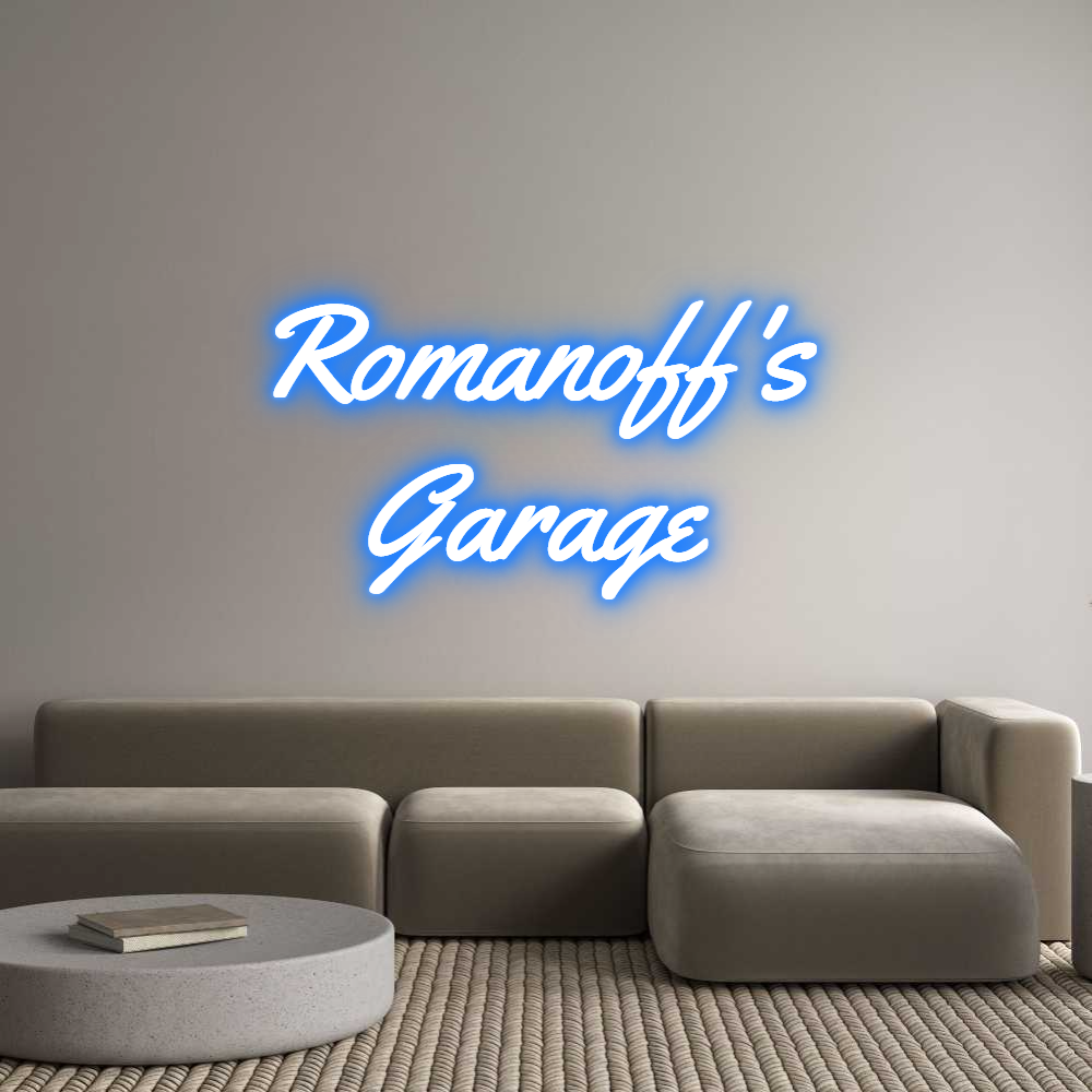 Custom neon light sign of Romanoff's Garage, Super Blue color, cut to shape backboard, wall mount.