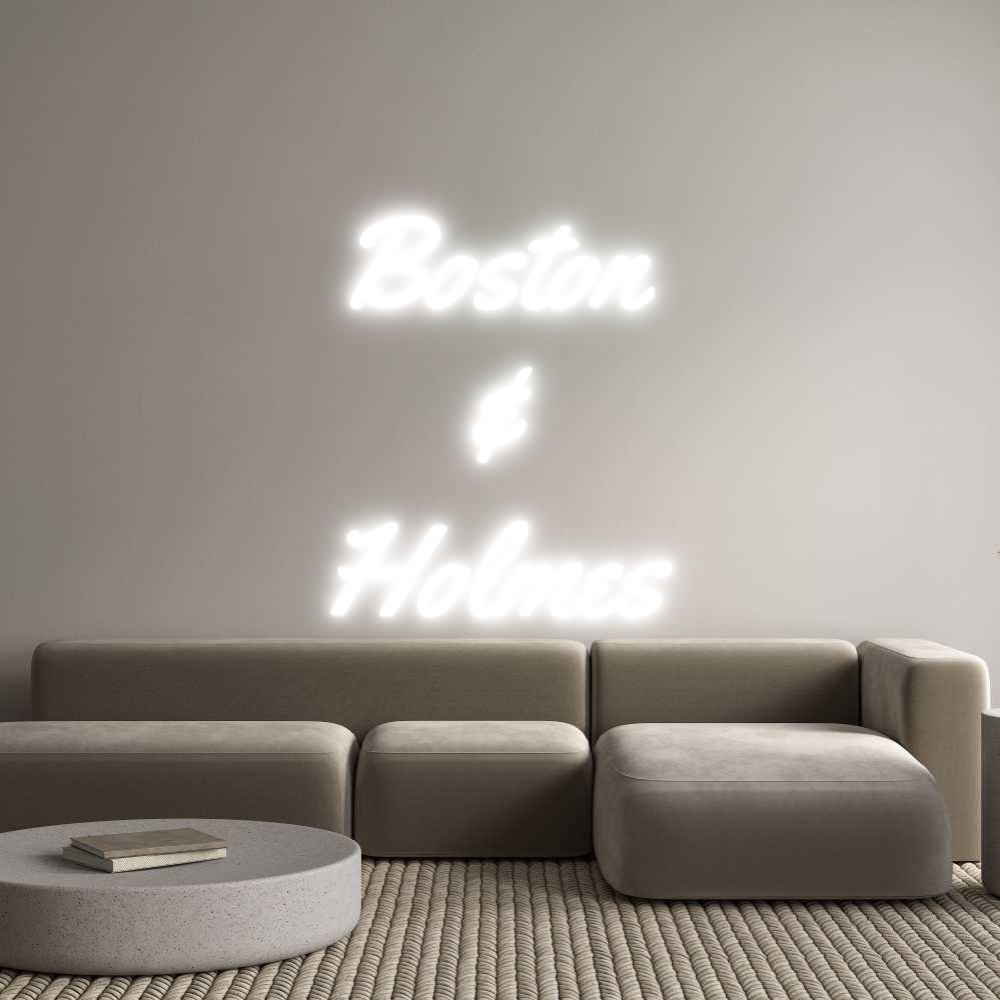 Custom neon light sign with "Boston & Holmes" in Yellowtail font, wall-mounted above a sofa