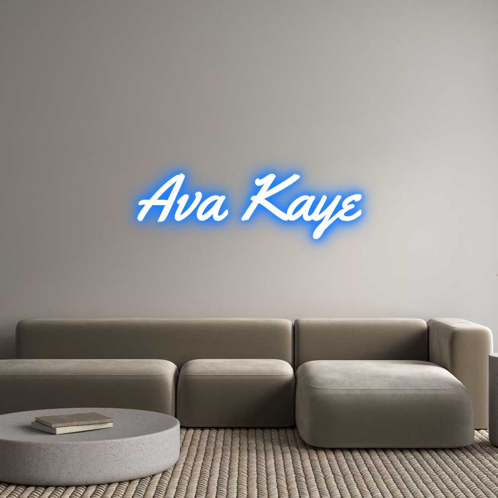 Custom neon sign 'Ava Kaye' in super blue, wall mounted, for indoor use. Yellowtail font, center aligned, rectangle board.