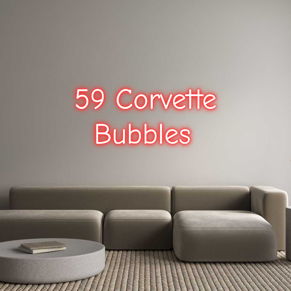 Custom neon light sign, featuring "59 Corvette Bubbles" in red, mounted on wall, indoor use.