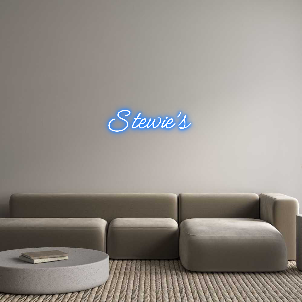 Custom neon light sign with "Stewie's" in Super Blue, cut to letter design, for indoor use, wall mounted.