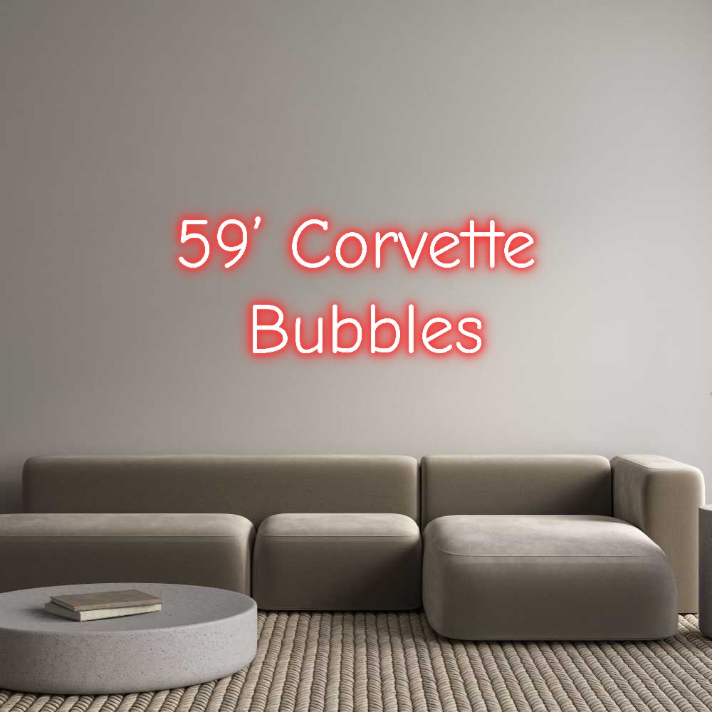 Custom neon sign '59' Corvette Bubbles' in red, wall-mounted