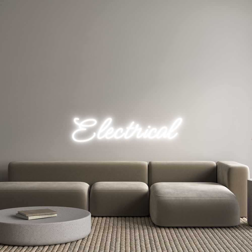 Custom neon light with "Electrical" text, center alignment, Meow Script font, white color, rectangle backboard, wall mount.