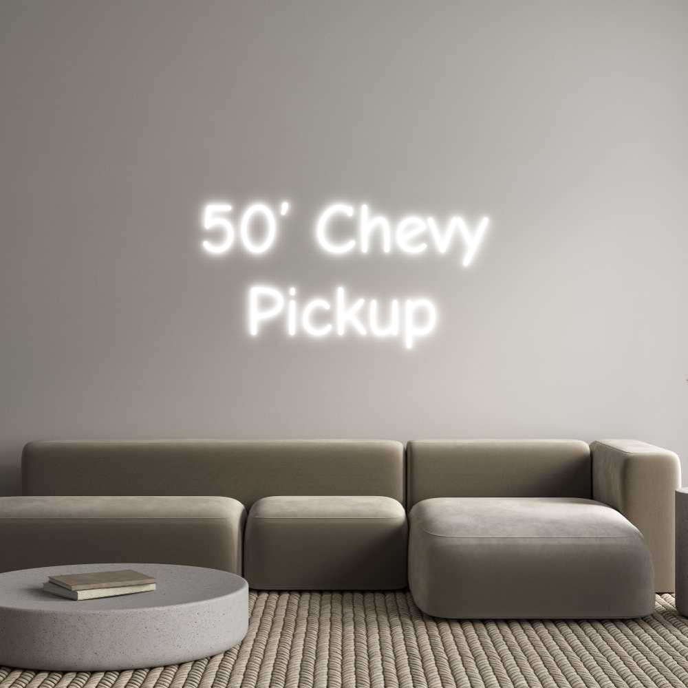 Custom neon light sign of 50' Chevy Pickup in cold white. Cut-to-shape backboard, wall mount.