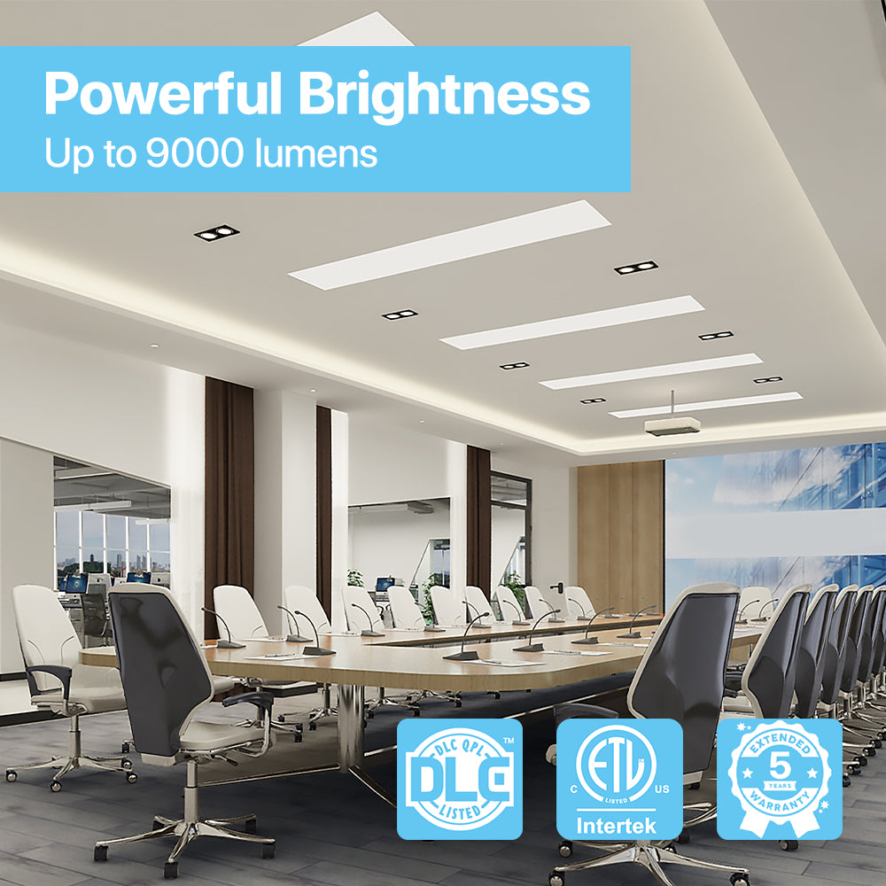 BPL Series LED panel lights in a conference room, up to 9000 lumens, DLC listed.
