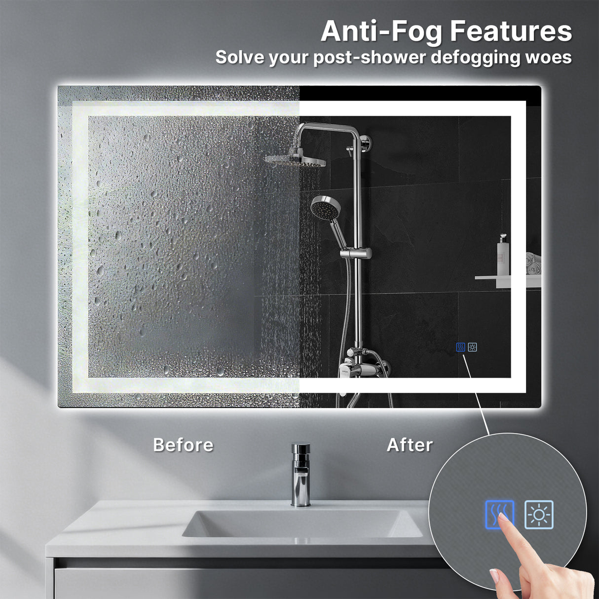 LED bathroom mirror with anti-fog features